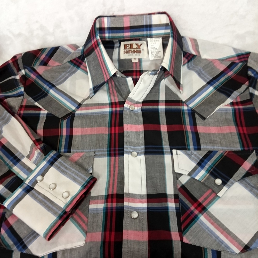 Ely Cattleman Mens Plaid Western Pearl Snap Shirt Black Red Blue Small